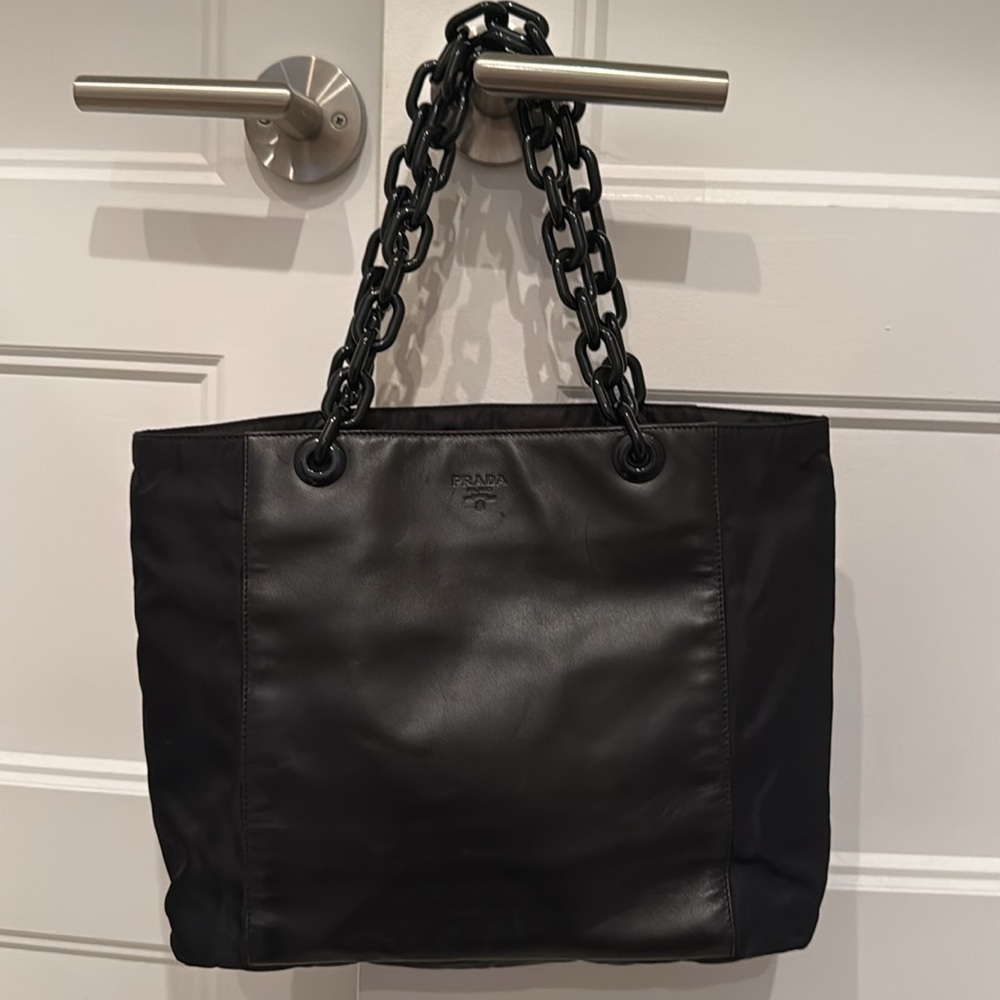 Prada Black Leather& Canvas Tote Bag